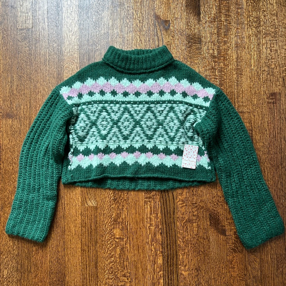 Free People Cropped Sweater Green and Pink XS New with Tags